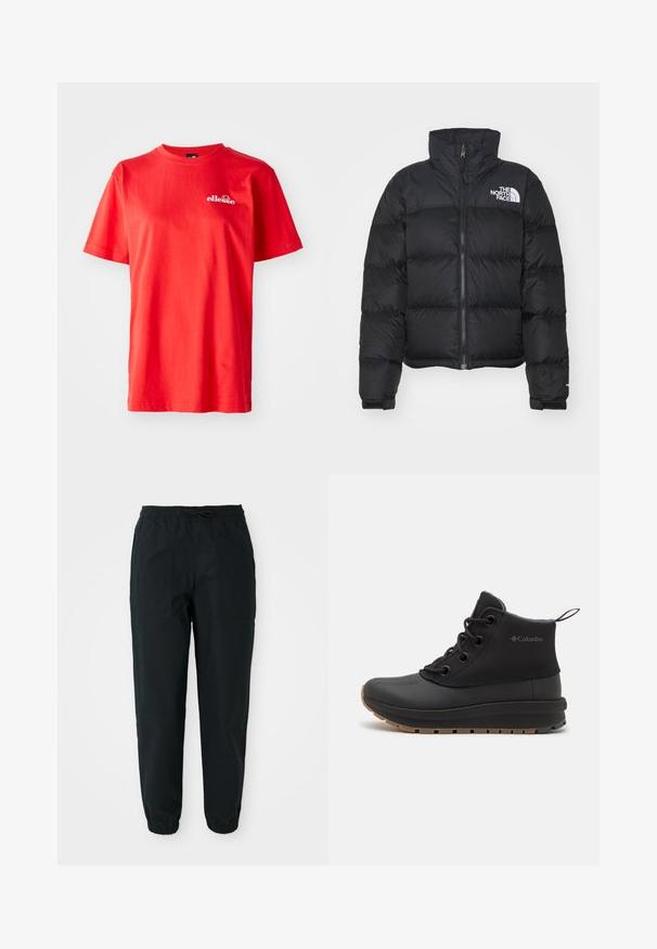 Schwarze Pufferjacke mit hohem Kragen, Reißverschluss vorne und gerippten Bündchen. Verfügt über horizontale Steppbereiche und ein weißes Logo auf der Brust.; Rotes Baumwoll-T-Shirt mit kurzen Ärmeln, Rundhalskragen und einem kleinen weißen Logo auf der Brust. Glatte Textur mit klassischer Passform.; Schwarze, taillierte Hose aus einem glatten Stoff, mit einem elastischen Bund, Kordelzug und seitlichen Aufsetztaschen. Elastische Bündchen an den Knöcheln.; Schwarze Knöchelbotte aus synthetischem Material, mit einer glatten Zehenkappe, strukturierten Seiten, schwarzen Schnürsenkeln und einer Gummisohle mit braunem Profil.