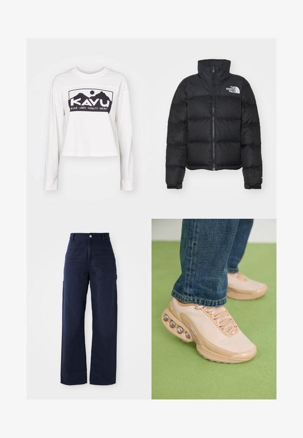 Schwarze Pufferjacke mit hohem Kragen, Reißverschluss vorne und gerippten Bündchen. Verfügt über horizontale Steppbereiche und ein weißes Logo auf der Brust.; Weißes T-Shirt mit langen Ärmeln und cropped Design. Auf der Vorderseite befindet sich ein schwarzer Grafikdruck von Bergen sowie der Text "KAVU". Weicher Stoff.; Marineblaue, weite Cargo-Hosen aus robustem Baumwollstoff, mit Seitentaschen und einem Knopfverschluss an der Taille.; Helle beige Sportschuhe verfügen über ein Obermaterial aus Mesh, eine Gummisohle und abgerundete Akzente mit metallischen Details. Tragen Sie sie mit blauen Jeans auf einer grünen Fläche.