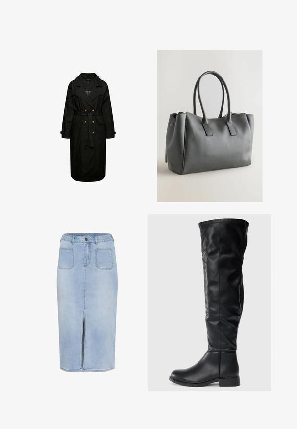 Musta farkkutakki vyöllä, suurilla läpillä ja etutaskuilla. Sisältää nappi-yksityiskohtia ja pitkät hihat.; Musta olkaimeton toppi, joka on valmistettu venyvästä kankaasta, istuva malli, sileä rakenne. Yhdistetty crèmevärisiin leveisiin farkkuihin ja kerrostettuun kaulaketjuun.; Vaaleansinisestä denimi-tyylisestä midihameesta, jossa on etureikä, viisi taskua, istuva vyötärö vyölenkeillä ja nappisulkimella.; Mustat polven yli ulottuvat saappaat, jotka on valmistettu sileästä nahasta. Niissä on pyöreä kärki, matala tolppakorko ja hieman roikkuva varsi, jossa on ompeluyksityiskohtia.; Harmaa nahkainen käsilaukku, jossa on kaksoiskahvat, suorakaiteen muotoinen, sileä pinta ja minimalistinen muotoilu. Sisältää litteät sivupaneelit ja hienovaraista ommeltua yksityiskohtaa.