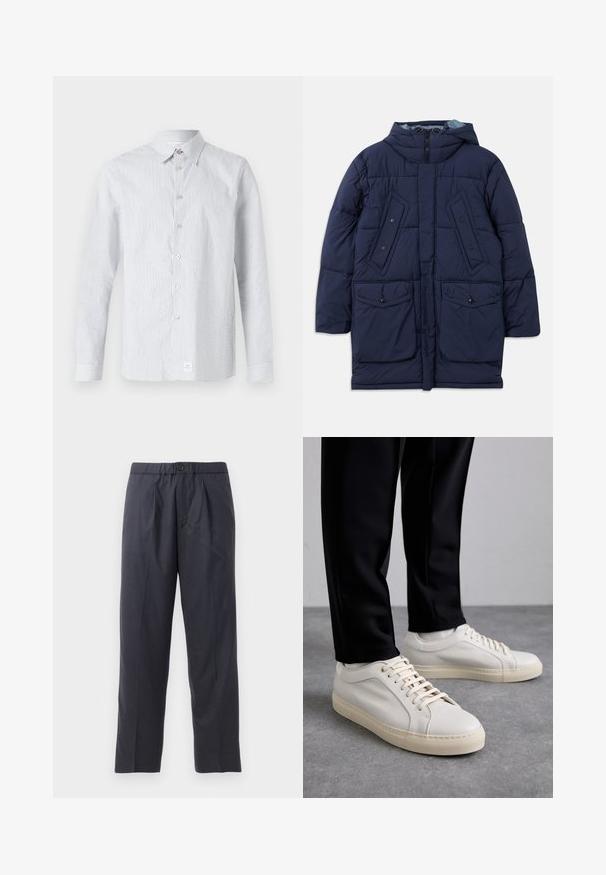 Tumes sinine puffer-jakk kapuutsiga, millel on suured eesmistest taskutest, horisontaalne õmblus ja lukuga sulgemine. Valmistatud kergest sünteetilisest materjalist.; Triibuline nööbiga särk helesinisest ja valgest. Omab klassikalist kraed, pikki varrukaid ja väikest logo sildi allääres.; Tumed sinised püksid pehmest kangast, mille esiosal on volditud disain ja elastne vöökoht. Varustatud nupuga sulgemisega ja sirge lõikega.; Kergedbežsest nahkkingad lamepaeltega, reljeefse pinnaga ja kontrastse kreemivärvi kummitallaga, kombineeritud mustade kitsaste pükstega.