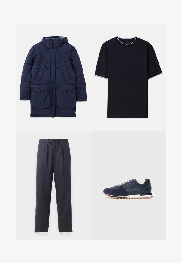 Tumes sinine puffer-jakk kapuutsiga, millel on suured eesmistest taskutest, horisontaalne õmblus ja lukuga sulgemine. Valmistatud kergest sünteetilisest materjalist.; Tume sinine lühikese varrukaga t-särk ümmarguse kaelusega, millel on helesinised aktsendid kaeluse ja varrukate ümber. Valmistatud pehmest puuvillast kangast.; Tumed sinised püksid pehmest kangast, mille esiosal on volditud disain ja elastne vöökoht. Varustatud nupuga sulgemisega ja sirge lõikega.; Tumed sinine samet- ja nahknikerdus valgete paeltega, tekstureeritud tallaga ning pruuni aktsendiga taga, kus on logo detail.
