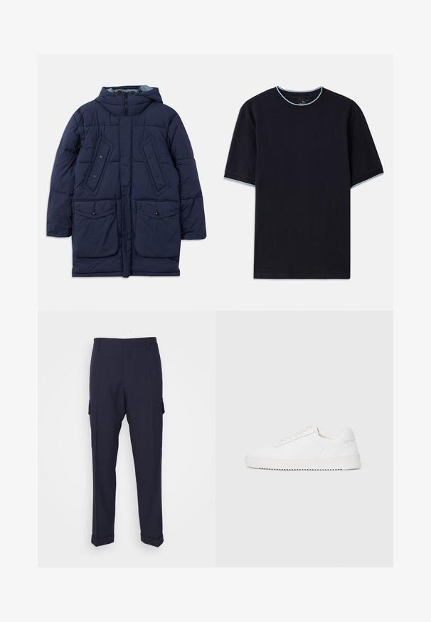 Tumes sinine puffer-jakk kapuutsiga, millel on suured eesmistest taskutest, horisontaalne õmblus ja lukuga sulgemine. Valmistatud kergest sünteetilisest materjalist.; Tume sinine lühikese varrukaga t-särk ümmarguse kaelusega, millel on helesinised aktsendid kaeluse ja varrukate ümber. Valmistatud pehmest puuvillast kangast.; Tumed sinine cargo-püksid, mis on valmistatud siledast kangast, küljetaskudega, sirge lõikega ja pahkluude juures volditud äärega.; Valge jooksutoss, millel on siledast nahast ülemine osa, ümmargune nina, paelad, tekstuuriga küljeaktsendid ja paks kummitald. Minimalistlik disain.