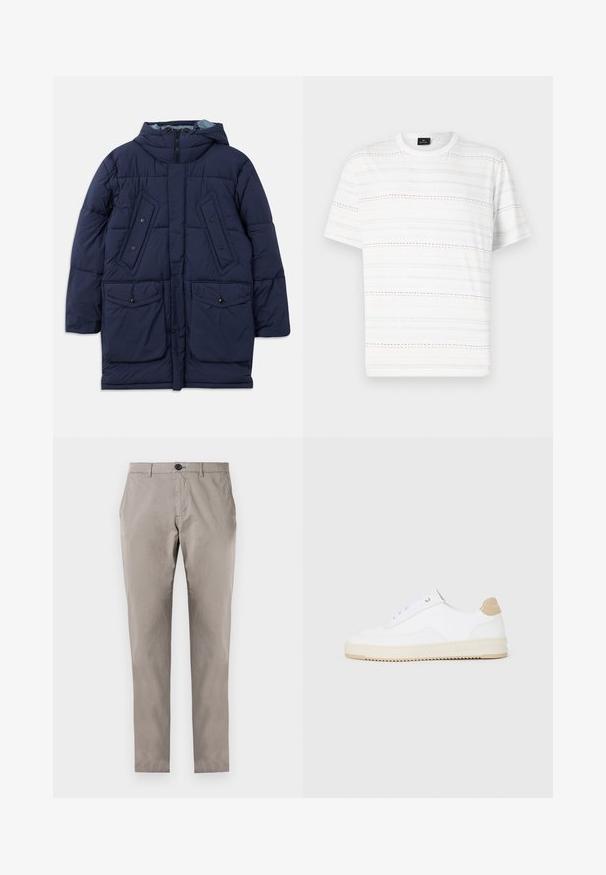 Námořnická pufová bunda s kapucí, s velkými předními kapsami, horizontálním prošíváním a zipovým zapínáním. Vyrobena z lehkého syntetického materiálu.; Bílý tričko s krátkým rukávem, zdobené vodorovnými pruhy v světle modré, růžové a černé barvě. Klasický design s kruhovým výstřihem.; Šedé bavlněné kalhoty rovného střihu, s knoflíkovým zapínáním, předními kapsami a hladkou texturou. Žádné další detaily nebo vzory nejsou viditelné.; Bílé nízké tenisky s texturovaným koženým svrškem, krémovou rýhovanou podrážkou a hnědým akcentem na patě. Mají bílé šňůrky a detaily loga na patě.