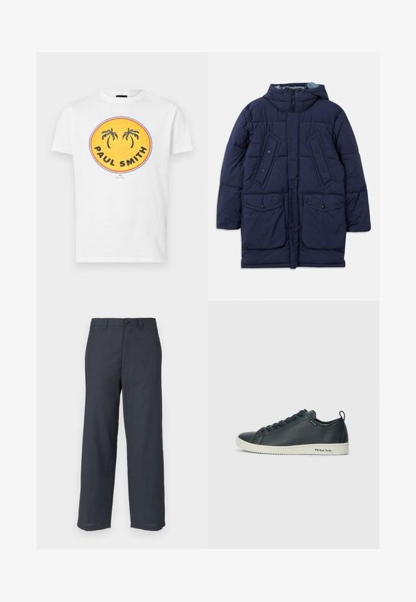 Tumes sinine puffer-jakk kapuutsiga, millel on suured eesmistest taskutest, horisontaalne õmblus ja lukuga sulgemine. Valmistatud kergest sünteetilisest materjalist.; Valge puuvillane T-särk, millel on suur ümmargune graafika kollasel taustal, palmi puud ja "PAUL SMITH" paksudes mustades tähtedega.; Sügava tumesinise värvusega püksid, valmistatud siledast kangast, sirge lõikega jalgadega, kahe esitasku ja ühe nööpiga kinnitusega.; Tumedat mereeritud nahast tossud sujuva viimistlusega, ümmarguse varbaga, kuue silmaauguga sidumise ja kontrastse valge kummist tallaga. Küljes on brändi logo.