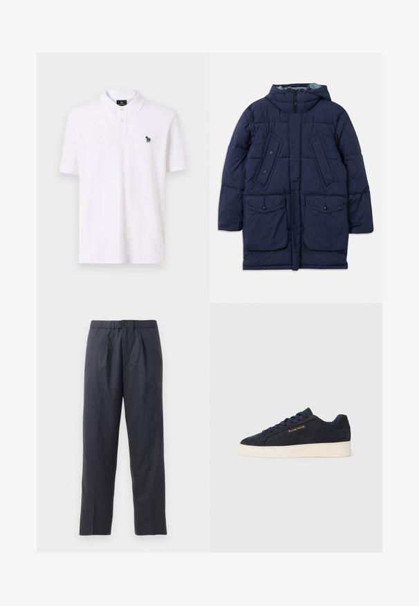 Tumes sinine puffer-jakk kapuutsiga, millel on suured eesmistest taskutest, horisontaalne õmblus ja lukuga sulgemine. Valmistatud kergest sünteetilisest materjalist.; Valge puuvillane polo särk, millel on klassikaline krae, kahe nupuga nööpauk ja väike mitmevärviline sebra logo rinnal.; Tumed sinised püksid pehmest kangast, mille esiosal on volditud disain ja elastne vöökoht. Varustatud nupuga sulgemisega ja sirge lõikega.; Tumedat sinine seemisnahast madala profiiliga tennis, valge tossutald, tumesinised paelad ning küljes kuldne "Filling Pieces" logo.