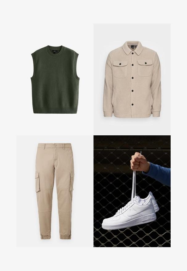 Beige fleecejakke med krave, knaplukning, to brystlommer med klap og tekstureret stof. Sorte knapper fremhæver designet.; Next REGULAR FIT CREW NECK - Striktrøje - green; Beige cargo bukser i et letvægts bomuldsstof. Har elastiske manchetter, flere sidelommer og en knaplukning.; Hvide lædersneakers med perforeringer, rund tå, flad sål og tykke snørebånd, med et synligt swoosh-logo og "AIR" på hælen.