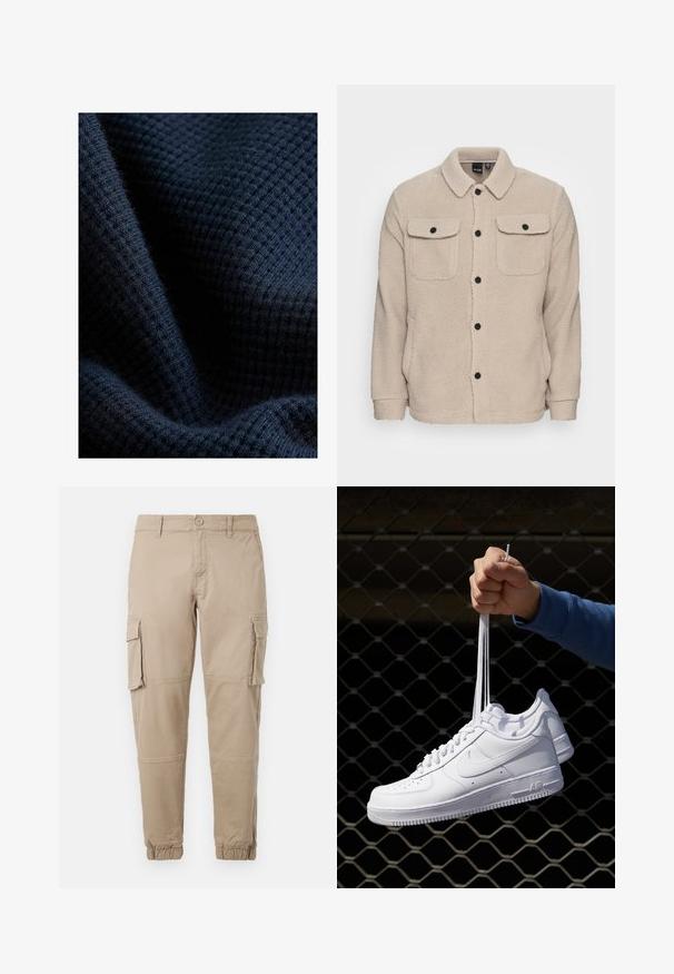 Bežinė fliso striukė su apykakle, mygtukų uždarymu, dviem krūtinės kišenėmis su užpūkų dangteliais ir tekstūruotu audiniu. Juodi mygtukai pabrėžia dizainą.; Tamsiai mėlyna tekstūruota medžiaga su tinklo paternų, demonstruojanti minkštą, megztą išvaizdą ir nedidelį blizgesį.; Bežiniai cargo kelnės iš lengvos medvilnės. Su elastingais užtrauktukais, keliais šoniniais kišenėmis ir mygtukų uždarymu.; Balti odiniai sportiniai bateliai su perforacijomis, apvalia nosimi, plokščiu padu ir storomis raištelėmis, su matomu swoosh logotipu ir "AIR" ant kulno.
