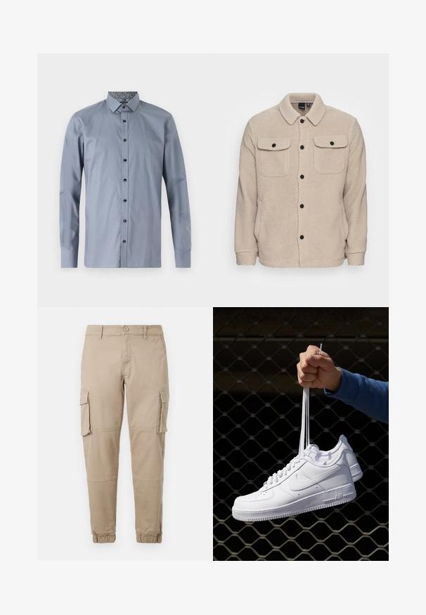 Bežna flis jakna z ovratnikom, gumbom za zapiranje, dvema žepoma na prsih s poklopci in teksturirano tkanino. Črni gumbi poudarjajo obliko.; Sivina srajca z dolgimi rokavi in gumbi, izdelana iz gladkega materiala. Ima črne gumbe in vzorčeno podlogo ovratnika. Brez vidnih logotipov ali dodatkov.; Bežne cargo hlače iz lahkega bombažnega materiala. Imajo elastične manšete, več stranskih žepov in gumbasto zapiranje.; Bela usnjena športna obutev s perforacijami, okroglo konico, ravnim podplatom in debelimi vezalkami, z vidnim logotipom smoosh in napisom "AIR" na peti.