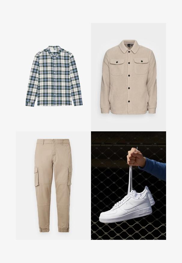 Beež fliisjakker, millel on kraega kaelus, nööbikinnitus, kaks klapiga rinna taskut ja tekstureeritud kanga detail. Mustad nööbid rõhutavad disaini.; Roheline ja valge ruuduline särk, millel on sinised aktsendid, varrukatega ja nööpidega kaelus ning rindade tasku. Valmistatud pehmest kangast.; Beežid cargo-püksid kergest puuvillaste materjalist. Omab elastseid varrukatükke, mitmeid külgpocket'ite ja nööbiga sulgemist.; Valged nahast tennisetossud, millel on perforatsioonid, ümar nina, lame tallus ja paksud nöörid, nähtava swooshi logoga ja "AIR" kontsadel.