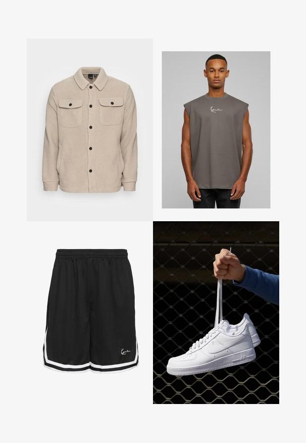 Bežna flis jakna z ovratnikom, gumbom za zapiranje, dvema žepoma na prsih s poklopci in teksturirano tkanino. Črni gumbi poudarjajo obliko.; Siva brezrokavnik s krožnim ovratnikom, izdelan iz mehkega materiala, z belim podpisom logotipa na prsih. Preprost dizajn, sproščen kroj.; Črne atletske kratke hlače z elastičnim pasom, ki imajo bele stranske črte in logo na spodnjem desnem delu spredaj. Rahlo teksturiran material.; Bela usnjena športna obutev s perforacijami, okroglo konico, ravnim podplatom in debelimi vezalkami, z vidnim logotipom smoosh in napisom "AIR" na peti.