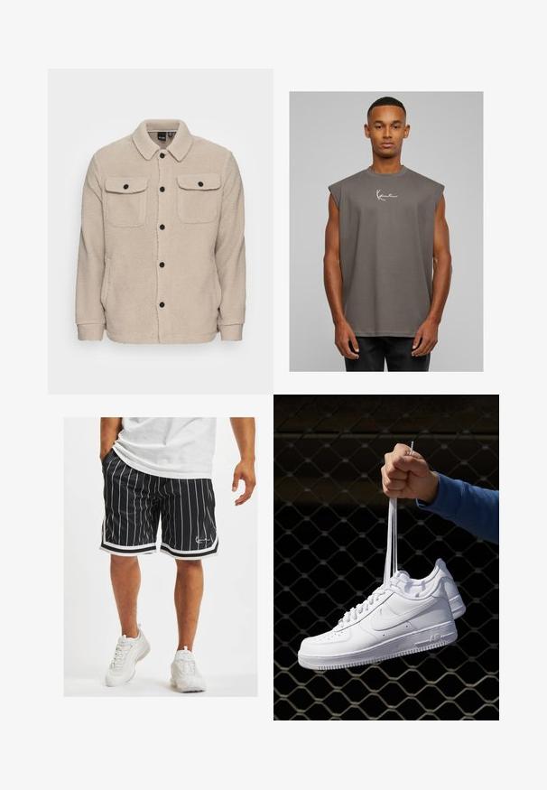 Jachetă din fleece bej cu guler, închidere cu nasturi, două buzunare pe piept cu clapete și țesătură texturată. Nasturi negri accentuează designul.; Tricou fără mâneci, gri, cu decolteu rotund, fabricat dintr-un material moale, având un logo alb cu semnătura pe piept. Design simplu, croi lejer.; Pantaloni scurți atletici negri cu dungi verticale albe, având un talie cu șnur și un tiv alb contrastant pe margine și pe cusăturile laterale.; Adidași albaștri din piele cu perforații, vârf rotund, talpă plată și șireturi groase, cu un logo swoosh vizibil și cu inscripția "AIR" pe toc.