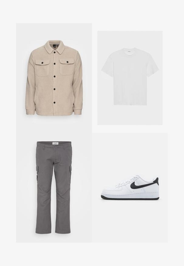 Bežinė fliso striukė su apykakle, mygtukų uždarymu, dviem krūtinės kišenėmis su užpūkų dangteliais ir tekstūruotu audiniu. Juodi mygtukai pabrėžia dizainą.; Balta medvilninė marškinė su trumpomis rankovėmis, apvaliu iškirpimu ir laisvu siluetu. Sklandus paviršius be matomų raštų ar akcentų.; Pilki cargo kelnių su tiesiu siluetu, pagaminti iš medvilnės ir sintetinių pluoštų mišinio. Turi keletą šoninių kišenių ir standartinį liemens dydį. Lygus paviršius.; Baltos odinės sportbačiai su juodu Nike Swoosh, apvalaus toe dizainas, su raišteliais, tekstūruota juoda guma padas ir "Air" iškilti ant kulno.