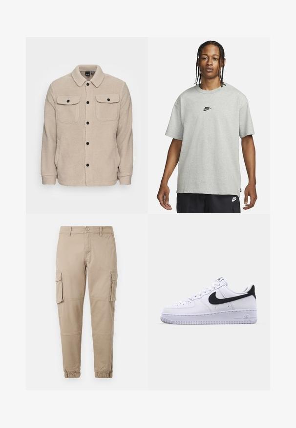 Casaco de polar bege com gola, fecho de botão, dois bolsos no peito com abas e tecido texturizado. Botões pretos acentuam o design.; Pessoa jovem com cabelo trançado a usar uma camiseta Nike cinza claro e calções Nike pretos em fundo branco liso.; Calças cargo bege em um material de algodão leve. Apresenta punhos elásticos, múltiplos bolsos laterais e um fecho de botão.; Sapatilha branca de couro com um Swoosh preto texturizado, atacadores planos e uma sola de borracha com um padrão estriado. "AIR" está gravado no calcanhar.
