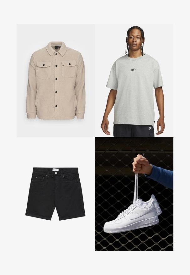 Casaco de polar bege com gola, fecho de botão, dois bolsos no peito com abas e tecido texturizado. Botões pretos acentuam o design.; Pessoa jovem com cabelo trançado a usar uma camiseta Nike cinza claro e calções Nike pretos em fundo branco liso.; Shorts de jeans pretos com um corte clássico, apresentando fecho de botão, cinco bolsos e bainhas dobradas. Textura suave com detalhes de padrão subtil.; Sapatilhas de couro branco com perfurações, biqueira redonda, sola plana e atacadores grossos, apresentando um logotipo swoosh visível e "AIR" no calcanhar.