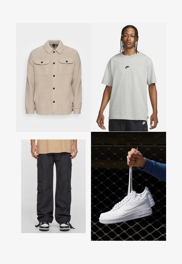 Bežová fleecová bunda s golierom, zapínaním na gombíky, dvoma náprsními vreckami s chlopňami a textúrovanou tkaninou. Čierne gombíky dotvárajú dizajn.; Mladý človek s vrkôčikmi, oblečený v svetlošedé tričko Nike a čierne šortky Nike, na pozadí bielej steny.; Čierne cargo nohavice vyrobené z bavlny, s viacerými bočnými vreckami, vo voľnom strihu a s nastaviteľnými šnúrkami na členkoch. Skombinované s čierno-bielymi teniskami.; Biele kožené tenisky s perforáciami, okrúhlou špičkou, plochou podrážkou a hrubými šnúrkami, pričom majú viditeľné logo swoosh a nápis "AIR" na päte.