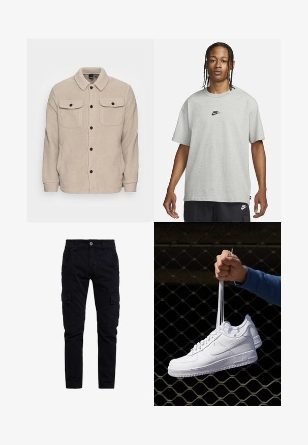 Giacca in pile beige con colletto, chiusura a bottoni, due tasche sul petto con pattina e tessuto testurizzato. Bottoni neri accentuano il design.; Giovane con capelli intrecciati che indossa una maglietta Nike grigia chiara e pantaloni Nike neri su uno sfondo bianco semplice.; Pantaloni cargo neri in cotone con vestibilità slim, dotati di tasche laterali e chiusura con bottone frontale. Tessuto texture, resistente e con un design versatile.; Sneakers in pelle bianca con perforazioni, punta rotonda, suola piatta e lacci spessi, con logo swoosh visibile e "AIR" sul tallone.