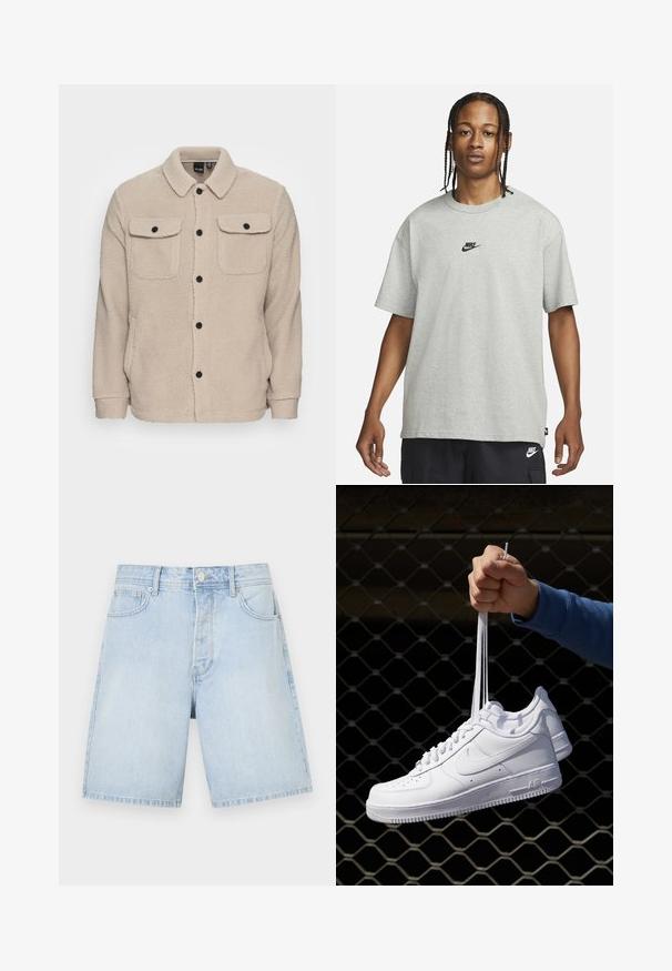 Veste en polaire beige avec un col, une fermeture à boutons, deux poches poitrine à rabat et un tissu texturé. Des boutons noirs viennent accentuer le design.; Jeune personne avec des cheveux tressés portant un t-shirt Nike gris clair et un short Nike noir sur un fond blanc uni.; Shorts en denim bleu clair à coupe droite, avec poches avant, fermeture à bouton et couture décontractée. Texture lisse sans motifs.; Baskets en cuir blanc avec perforations, à bout rond, semelle plate et lacets épais, arborant un logo swoosh visible et "AIR" sur le talon.