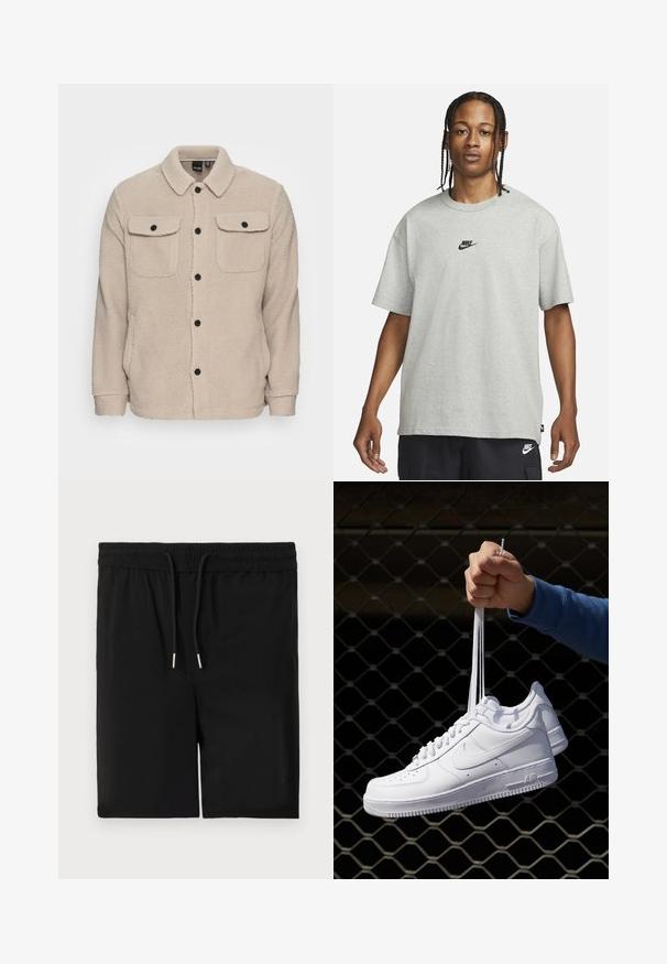 Veste en polaire beige avec un col, une fermeture à boutons, deux poches poitrine à rabat et un tissu texturé. Des boutons noirs viennent accentuer le design.; Jeune personne avec des cheveux tressés portant un t-shirt Nike gris clair et un short Nike noir sur un fond blanc uni.; Shorts noirs en tissu doux, dotés d'une taille élastique avec cordon de serrage et d'une texture lisse. Pas de poches ni d'embellissements supplémentaires.; Baskets en cuir blanc avec perforations, à bout rond, semelle plate et lacets épais, arborant un logo swoosh visible et "AIR" sur le talon.