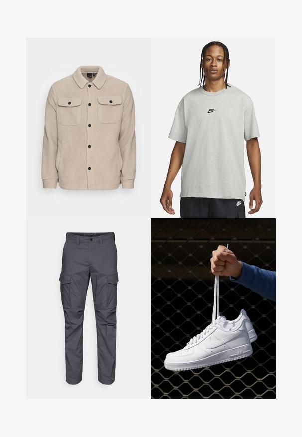 Beige Fleecejacke mit Kragen, Knopfverschluss, zwei Brusttaschen mit Klappen und strukturiertem Stoff. Schwarze Knöpfe setzen Akzente im Design.; Junge Person mit geflochtenem Haar, die ein hellgraues Nike-T-Shirt und schwarze Nike-Shorts trägt, vor einem einfarbigen weißen Hintergrund.; Graue Cargo-Hose mit geradem Schnitt, aus leichtem Stoff, mit Seitentaschen und Knopfverschluss am Bund.; Weiße Leder-Sneaker mit Perforationen, runder Zehenpartie, flacher Sohle und dicken Schnürsenkeln, mit sichtbar eingesticktem Swoosh-Logo und "AIR" an der Ferse.