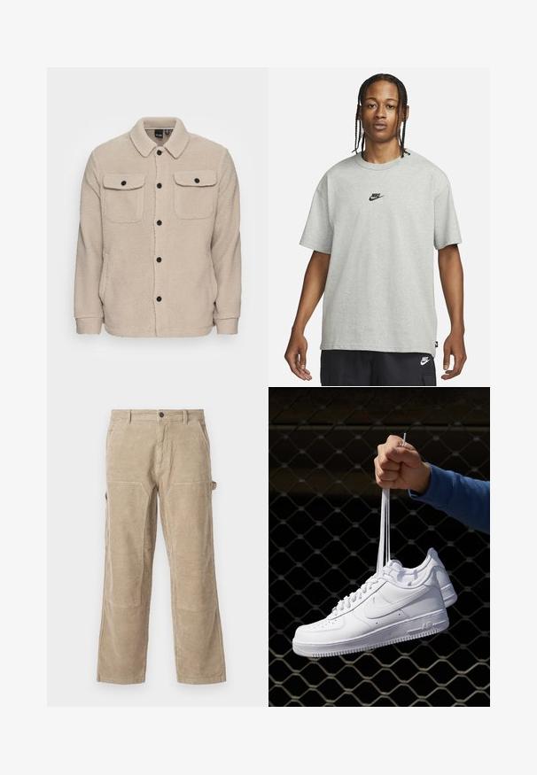 Veste en polaire beige avec un col, une fermeture à boutons, deux poches poitrine à rabat et un tissu texturé. Des boutons noirs viennent accentuer le design.; Jeune personne avec des cheveux tressés portant un t-shirt Nike gris clair et un short Nike noir sur un fond blanc uni.; Pantalon en velours côtelé beige avec une jambe droite, doté de poches latérales et de renforts aux genoux. Tissu texturé avec des cannelures verticales.; Baskets en cuir blanc avec perforations, à bout rond, semelle plate et lacets épais, arborant un logo swoosh visible et "AIR" sur le talon.