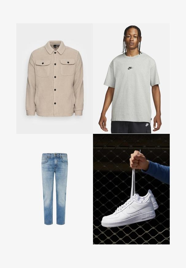 Chaqueta de forro polar beige con cuello camisero, cierre de botones, dos bolsillos en el pecho con solapas y tejido texturizado. Los botones negros acentúan el diseño.; Joven con cabello trenzado que lleva una camiseta Nike gris claro y pantalones cortos Nike negros frente a un fondo blanco liso.; Jeans de mezclilla azul claro con un diseño de pierna recta, que presentan dos bolsillos frontales, un cierre de botón y detalles de costura en contraste.; Zapatillas de cuero blanco con perforaciones, punta redonda, suela plana y cordones gruesos, con un logo de swoosh visible y "AIR" en el talón.