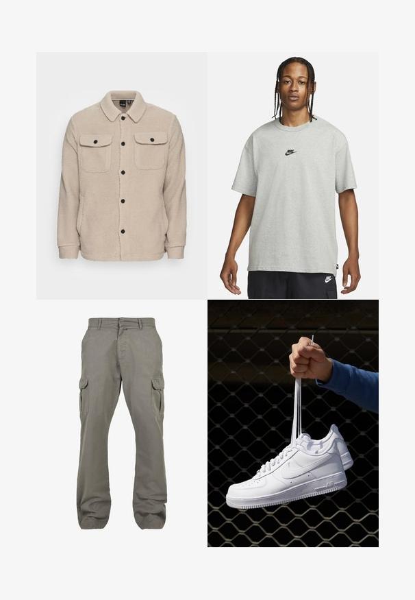 Beige fleecejakke med krave, knaplukning, to brystlommer med klap og tekstureret stof. Sorte knapper fremhæver designet.; Ung person med fletninger iført en lys grå Nike T-shirt og sorte Nike shorts mod en ensfarvet hvid baggrund.; Cargo bukser i lysegrå stof med lige ben-design, som har flere sidelommer og en knaplukning for sikker pasform.; Hvide lædersneakers med perforeringer, rund tå, flad sål og tykke snørebånd, med et synligt swoosh-logo og "AIR" på hælen.