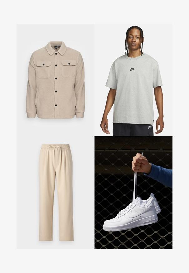 Beige Fleecejacke mit Kragen, Knopfverschluss, zwei Brusttaschen mit Klappen und strukturiertem Stoff. Schwarze Knöpfe setzen Akzente im Design.; Junge Person mit geflochtenem Haar, die ein hellgraues Nike-T-Shirt und schwarze Nike-Shorts trägt, vor einem einfarbigen weißen Hintergrund.; Beige Hose mit einem elastischen Bund und Kordelzug, geradem Bein und weichem, glattem Stoffgefühl.; Weiße Leder-Sneaker mit Perforationen, runder Zehenpartie, flacher Sohle und dicken Schnürsenkeln, mit sichtbar eingesticktem Swoosh-Logo und "AIR" an der Ferse.