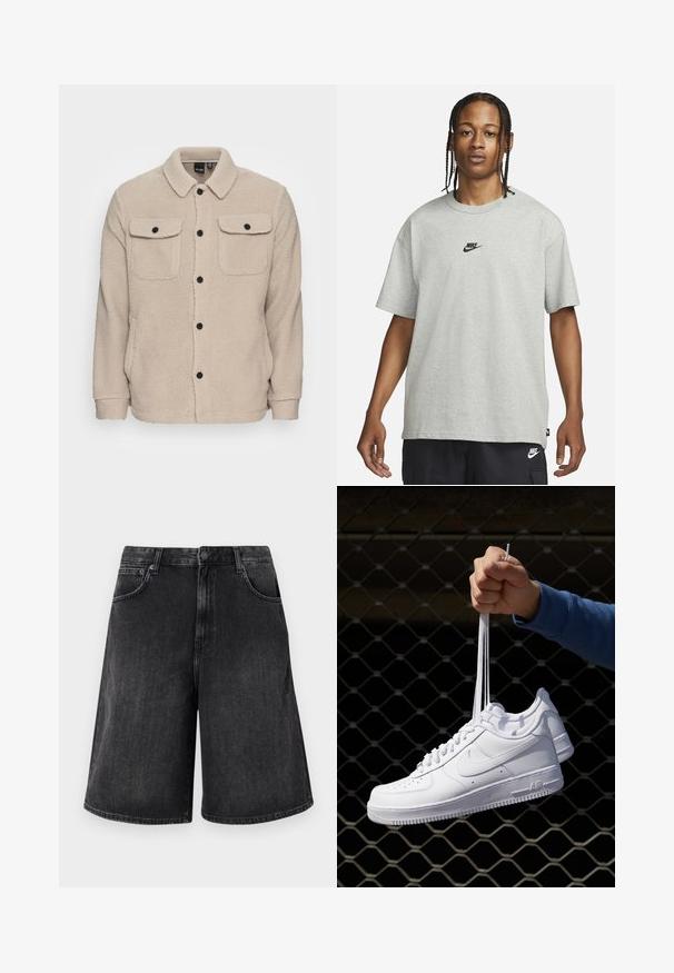Beige színű polár dzseki, galléros nyakkivágással, gombos záródással, két melltartó zsebbel fedéllel és texturált anyaggal. Fekete gombok emelik ki a tervezést.; Fiatal, fonott hajú személy világosszürke Nike pólót és fekete Nike rövidnadrágot visel, egy sima fehér háttér előtt.; Fekete farmer rövidnadrág széles, egyenes szabással, elöl gombos záródással és öt zsebbel. Puha tapintású, elhalványult hatással.; Fehér bőr sportcipők perforációval, kerek orral, lapos talppal és vastag fűzőkkel, látható swoosh logóval és "AIR" felirattal a sarokrészen.