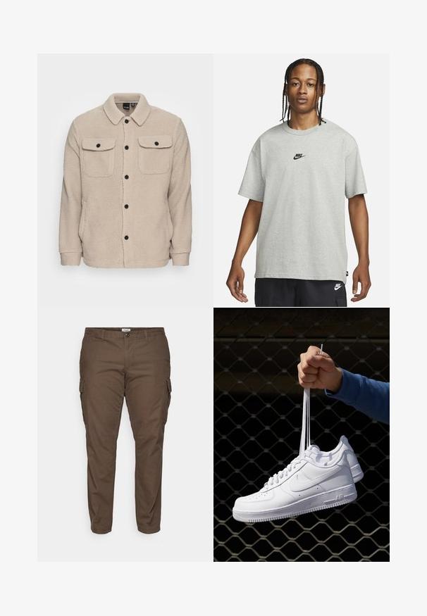 Beige fleecová bunda s límcem, zapínáním na knoflíky, dvěma náprsními kapsami s klopami a texturovanou tkaninou. Černé knoflíky zdobí design.; Mladý člověk s pletenými vlasy, oblečený v světle šedém tričku Nike a černých šortkách Nike, na čistém bílém pozadí.; Hnědé cargo kalhoty se rovný fit, vyrobené z lehké bavlny. Mají boční kapsy a poutka na opasek. Hladká textura, bez vzorů.; Bílé kožené tenisky s perforacemi, kulatou špičkou, plochou podrážkou a silnými tkaničkami, které mají viditelné logo swoosh a nápis "AIR" na patě.