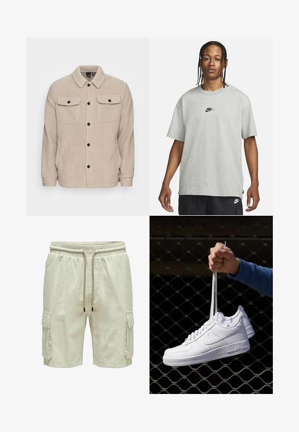 Beige Fleecejacke mit Kragen, Knopfverschluss, zwei Brusttaschen mit Klappen und strukturiertem Stoff. Schwarze Knöpfe setzen Akzente im Design.; Junge Person mit geflochtenem Haar, die ein hellgraues Nike-T-Shirt und schwarze Nike-Shorts trägt, vor einem einfarbigen weißen Hintergrund.; Beige Cargo-Shorts aus strukturiertem Stoff, mit elastischem Bund und Kordelzug. Verfügt über zwei Seitentaschen mit Klappen.; Weiße Leder-Sneaker mit Perforationen, runder Zehenpartie, flacher Sohle und dicken Schnürsenkeln, mit sichtbar eingesticktem Swoosh-Logo und "AIR" an der Ferse.