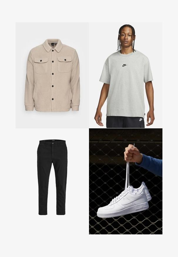 Bežna flis jakna z ovratnikom, gumbom za zapiranje, dvema žepoma na prsih s poklopci in teksturirano tkanino. Črni gumbi poudarjajo obliko.; Mlad človek z zasebnimi lasmi, oblečen v svetlo sivo majico Nike in črne kratke hlače Nike pred enostavno belo kuliso.; Črne chinos hlače ožjega kroja, izdelane iz bombaža. Imajo gumbasto zapiranje, sprednje žepke in gladko teksturo. Čist dizajn brez vzorcev.; Bela usnjena športna obutev s perforacijami, okroglo konico, ravnim podplatom in debelimi vezalkami, z vidnim logotipom smoosh in napisom "AIR" na peti.