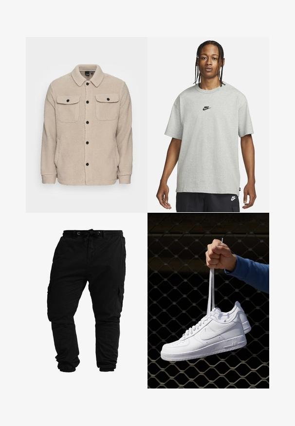 Beige fleecejack met een kraag, knoopsluiting, twee borstzakken met flappen en textiel met textuur. Zwarte knopen accentueren het ontwerp.; Jong persoon met gevlochten haar, gekleed in een lichtgrijs Nike T-shirt en zwarte Nike shorts tegen een effen witte achtergrond.; Zwarte cargobroek gemaakt van een katoenmix stof; beschikt over een tailleband met trekkoord, meerdere zijzakken en taps toelopende boorden bij de enkels.; Witte leren sneakers met perforaties, ronde neus, vlakke zool en dikke veters, met een zichtbare swoosh-logo en "AIR" op de hiel.