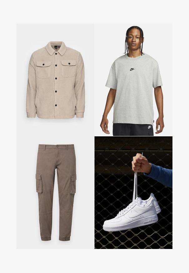 Chaqueta de forro polar beige con cuello camisero, cierre de botones, dos bolsillos en el pecho con solapas y tejido texturizado. Los botones negros acentúan el diseño.; Joven con cabello trenzado que lleva una camiseta Nike gris claro y pantalones cortos Nike negros frente a un fondo blanco liso.; Pantalones cargo en un tono marrón apagado, confeccionados con tela ligera, que cuentan con múltiples bolsillos laterales, puños elásticos y un clásico cierre de botón.; Zapatillas de cuero blanco con perforaciones, punta redonda, suela plana y cordones gruesos, con un logo de swoosh visible y "AIR" en el talón.