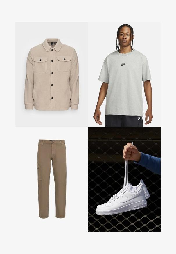 Giacca in pile beige con colletto, chiusura a bottoni, due tasche sul petto con pattina e tessuto testurizzato. Bottoni neri accentuano il design.; Giovane con capelli intrecciati che indossa una maglietta Nike grigia chiara e pantaloni Nike neri su uno sfondo bianco semplice.; Pantaloni cargo in cotone marrone tenue. Caratterizzati da una chiusura a bottoni, tasche laterali, gambe dritte e una texture liscia. Adatti per l'abbigliamento casual.; Sneakers in pelle bianca con perforazioni, punta rotonda, suola piatta e lacci spessi, con logo swoosh visibile e "AIR" sul tallone.