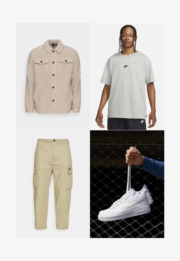 Beige fleecejacka med krage, knäppning, två bröstfickor med klaffar och texturerat tyg. Svarta knappar pryder designen.; Ung person med flätat hår iklädd en ljusgrå Nike T-shirt och svarta Nike-shorts framför en enkel vit bakgrund.; Beiga cargobyxor gjorda av slitstarkt tyg, med två sidfickor, knäppning med knapp och insvängda ben med en mjuk textur.; Vita lädersneakers med perforeringar, rund tå, platt sula och tjocka snörning, med en synlig swoosh-logga och "AIR" på hälen.