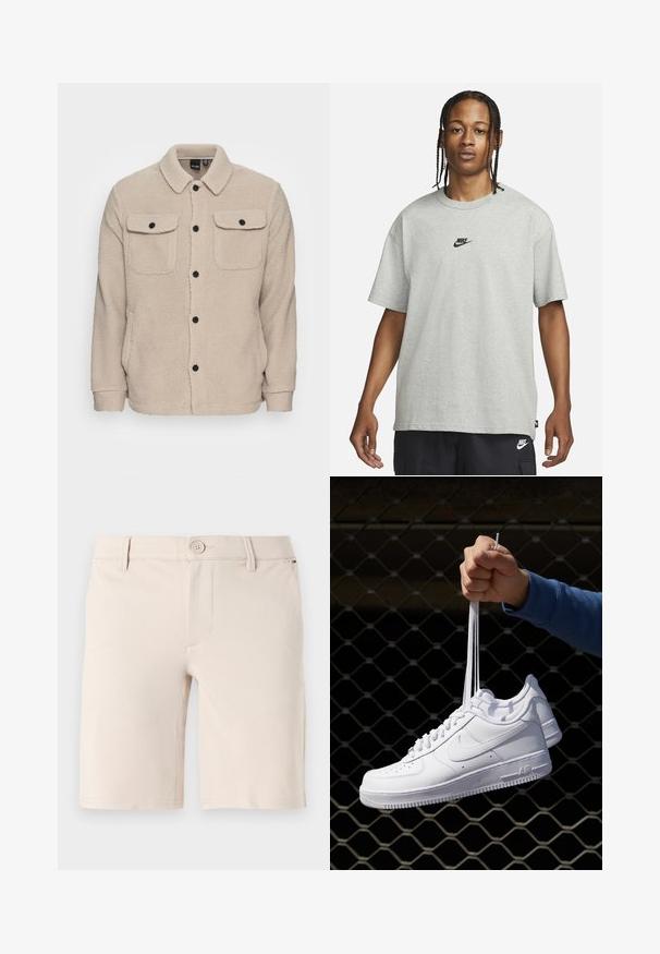 Beige fleecejakke med krave, knaplukning, to brystlommer med klap og tekstureret stof. Sorte knapper fremhæver designet.; Ung person med fletninger iført en lys grå Nike T-shirt og sorte Nike shorts mod en ensfarvet hvid baggrund.; Beige shorts lavet af glat stof; har en knaplukning, bæltestropper og et rent frontdesign med lige benåbninger.; Hvide lædersneakers med perforeringer, rund tå, flad sål og tykke snørebånd, med et synligt swoosh-logo og "AIR" på hælen.