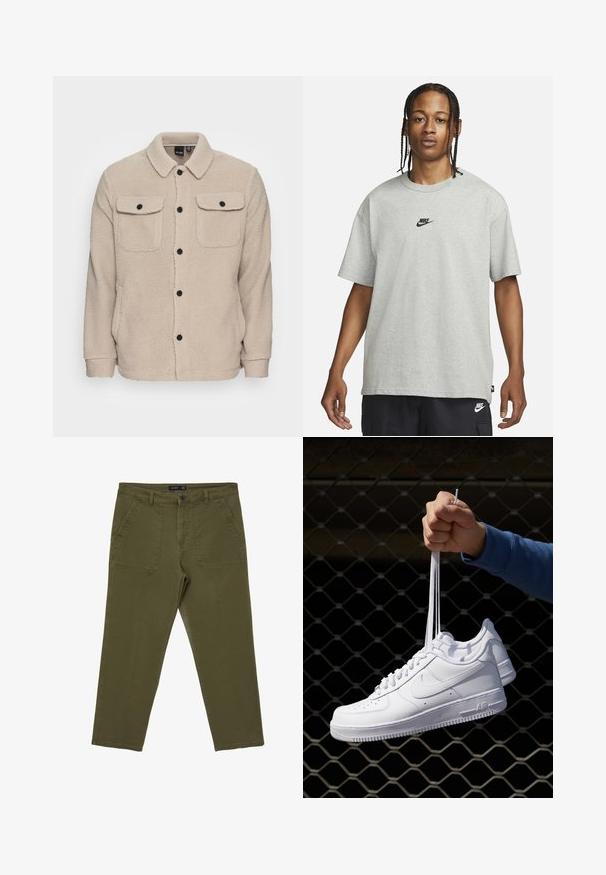 Beige Fleecejacke mit Kragen, Knopfverschluss, zwei Brusttaschen mit Klappen und strukturiertem Stoff. Schwarze Knöpfe setzen Akzente im Design.; Junge Person mit geflochtenem Haar, die ein hellgraues Nike-T-Shirt und schwarze Nike-Shorts trägt, vor einem einfarbigen weißen Hintergrund.; Olivgrüne Hose aus robustem Baumwollstoff, mit flachem Bund, zwei Seitentaschen und Knopfverschluss. Klassisches gerade geschnittenes Design.; Weiße Leder-Sneaker mit Perforationen, runder Zehenpartie, flacher Sohle und dicken Schnürsenkeln, mit sichtbar eingesticktem Swoosh-Logo und "AIR" an der Ferse.