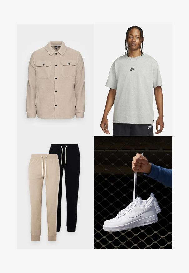 Beige Fleecejacke mit Kragen, Knopfverschluss, zwei Brusttaschen mit Klappen und strukturiertem Stoff. Schwarze Knöpfe setzen Akzente im Design.; Junge Person mit geflochtenem Haar, die ein hellgraues Nike-T-Shirt und schwarze Nike-Shorts trägt, vor einem einfarbigen weißen Hintergrund.; Zwei Paar Jogginghosen: eine beige und eine schwarze, mit elastischen Bündchen und einem Kordelzugbund mit silbernen Metalldetails.; Weiße Leder-Sneaker mit Perforationen, runder Zehenpartie, flacher Sohle und dicken Schnürsenkeln, mit sichtbar eingesticktem Swoosh-Logo und "AIR" an der Ferse.