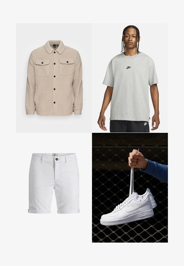 Veste en polaire beige avec un col, une fermeture à boutons, deux poches poitrine à rabat et un tissu texturé. Des boutons noirs viennent accentuer le design.; Jeune personne avec des cheveux tressés portant un t-shirt Nike gris clair et un short Nike noir sur un fond blanc uni.; Shorts en coton blanc avec un ourlet roulé, dotés d'une fermeture à bouton, de poches avant et d'un tissu texturé. Design à coupe standard.; Baskets en cuir blanc avec perforations, à bout rond, semelle plate et lacets épais, arborant un logo swoosh visible et "AIR" sur le talon.