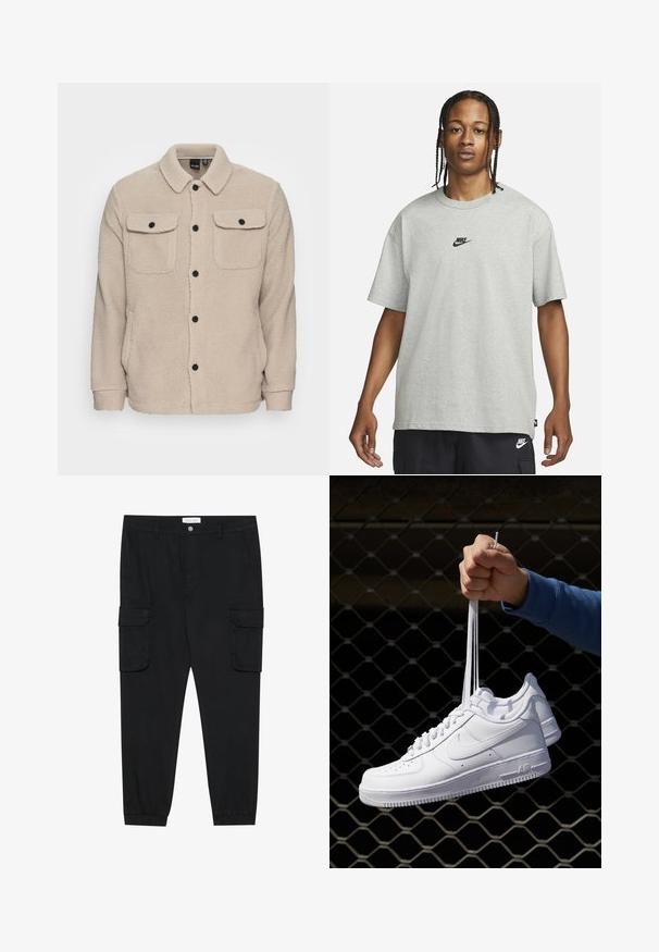 Bežová fleecová bunda s golierom, zapínaním na gombíky, dvoma náprsními vreckami s chlopňami a textúrovanou tkaninou. Čierne gombíky dotvárajú dizajn.; Mladý človek s vrkôčikmi, oblečený v svetlošedé tričko Nike a čierne šortky Nike, na pozadí bielej steny.; Čierne cargo nohavice so zapadnutými nohavicami, elastickými manžetami a viacerými bočnými vreckami. Vyrobené z štruktúrovanej látky so zapínaním na gombík.; Biele kožené tenisky s perforáciami, okrúhlou špičkou, plochou podrážkou a hrubými šnúrkami, pričom majú viditeľné logo swoosh a nápis "AIR" na päte.