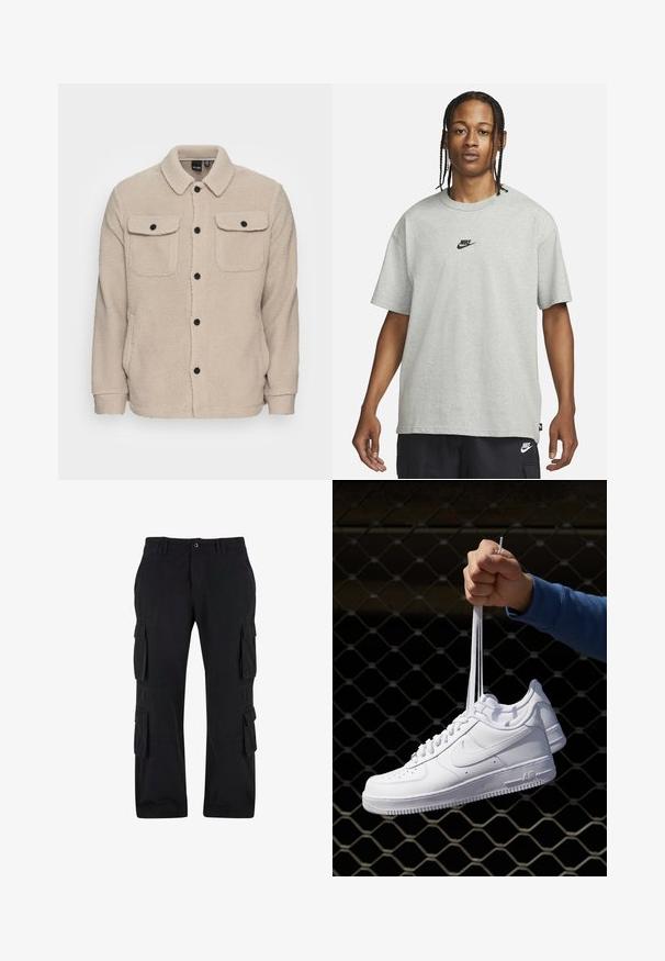 Beige Fleecejacke mit Kragen, Knopfverschluss, zwei Brusttaschen mit Klappen und strukturiertem Stoff. Schwarze Knöpfe setzen Akzente im Design.; Junge Person mit geflochtenem Haar, die ein hellgraues Nike-T-Shirt und schwarze Nike-Shorts trägt, vor einem einfarbigen weißen Hintergrund.; Schwarze Cargo-Hosen aus Baumwollstoff mit mehreren Seitentaschen, einer lockeren Passform und einem geraden Bein-Design.; Weiße Leder-Sneaker mit Perforationen, runder Zehenpartie, flacher Sohle und dicken Schnürsenkeln, mit sichtbar eingesticktem Swoosh-Logo und "AIR" an der Ferse.