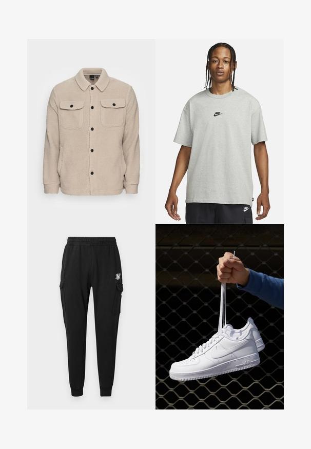 Bežová fleecová bunda s golierom, zapínaním na gombíky, dvoma náprsními vreckami s chlopňami a textúrovanou tkaninou. Čierne gombíky dotvárajú dizajn.; Mladý človek s vrkôčikmi, oblečený v svetlošedé tričko Nike a čierne šortky Nike, na pozadí bielej steny.; Čierne cargo nohavice vyrobené z mäkkej látky, s elastickým pásom, bočnými vreckami a diskrétnym logom na stehne. Rovný strih.; Biele kožené tenisky s perforáciami, okrúhlou špičkou, plochou podrážkou a hrubými šnúrkami, pričom majú viditeľné logo swoosh a nápis "AIR" na päte.