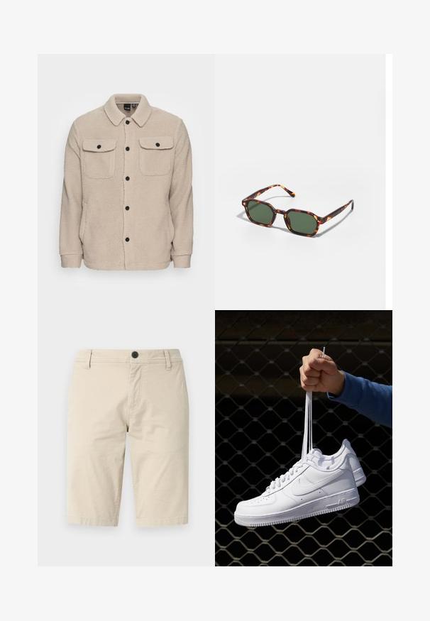 Chaqueta de forro polar beige con cuello camisero, cierre de botones, dos bolsillos en el pecho con solapas y tejido texturizado. Los botones negros acentúan el diseño.; Joven con cabello trenzado que lleva una camiseta Nike gris claro y pantalones cortos Nike negros frente a un fondo blanco liso.; Pantalones cortos beige de tela ligera, con frente plano, cierre de un botón y dos bolsillos laterales; textura suave.; Zapatillas de cuero blanco con perforaciones, punta redonda, suela plana y cordones gruesos, con un logo de swoosh visible y "AIR" en el talón.; Gafas de sol carey con lentes verdes, de forma octagonal y con patillas delgadas y curvas. El material tiene un acabado brillante.