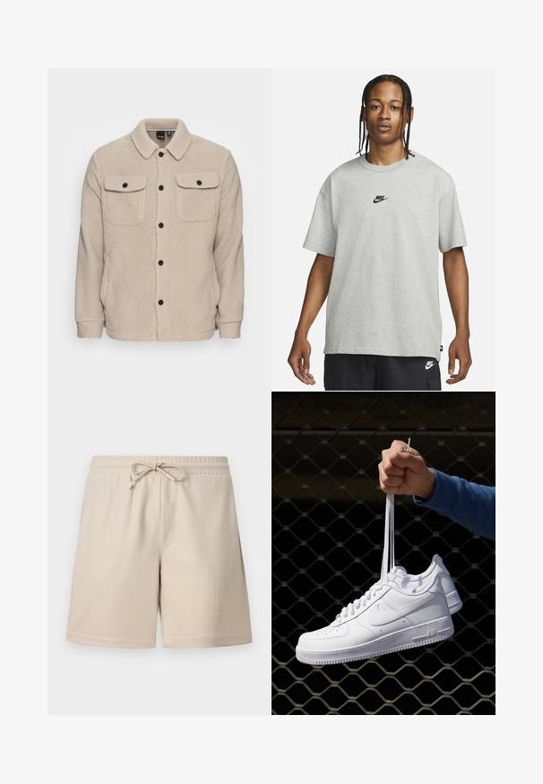 Bežna flis jakna z ovratnikom, gumbom za zapiranje, dvema žepoma na prsih s poklopci in teksturirano tkanino. Črni gumbi poudarjajo obliko.; Mlad človek z zasebnimi lasmi, oblečen v svetlo sivo majico Nike in črne kratke hlače Nike pred enostavno belo kuliso.; Bež kratke hlače z rebrasto teksturo, elastičnim pasom z vrvico in stranskimi žepi, ki prikazujejo preprost in funkcionalen dizajn.; Bela usnjena športna obutev s perforacijami, okroglo konico, ravnim podplatom in debelimi vezalkami, z vidnim logotipom smoosh in napisom "AIR" na peti.