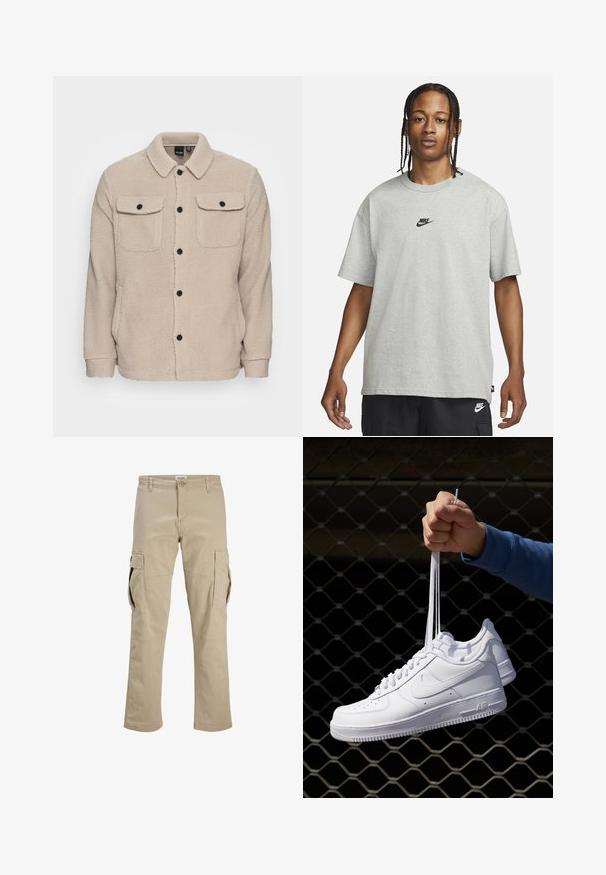 Giacca in pile beige con colletto, chiusura a bottoni, due tasche sul petto con pattina e tessuto testurizzato. Bottoni neri accentuano il design.; Giovane con capelli intrecciati che indossa una maglietta Nike grigia chiara e pantaloni Nike neri su uno sfondo bianco semplice.; Pantaloni cargo beige in cotone, dotati di molteplici tasche laterali, chiusura con cerniera e design a gamba dritta. Texture liscia con cuciture rinforzate.; Sneakers in pelle bianca con perforazioni, punta rotonda, suola piatta e lacci spessi, con logo swoosh visibile e "AIR" sul tallone.