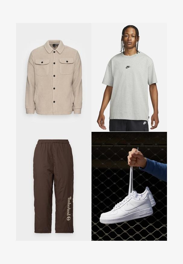 Beige fleecejakke med krave, knaplukning, to brystlommer med klap og tekstureret stof. Sorte knapper fremhæver designet.; Ung person med fletninger iført en lys grå Nike T-shirt og sorte Nike shorts mod en ensfarvet hvid baggrund.; Brune nylonbukser med elastisk talje. Har et lodret Timberland-logo i lys beige. Glat tekstur, ankel-lynlåse til justering af pasform.; Hvide lædersneakers med perforeringer, rund tå, flad sål og tykke snørebånd, med et synligt swoosh-logo og "AIR" på hælen.
