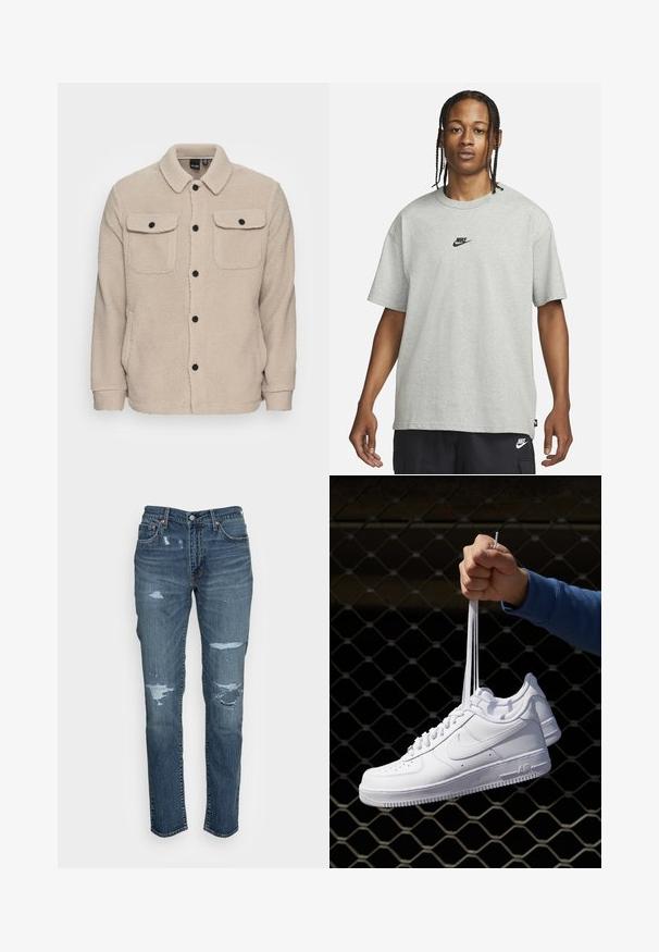 Chaqueta de forro polar beige con cuello camisero, cierre de botones, dos bolsillos en el pecho con solapas y tejido texturizado. Los botones negros acentúan el diseño.; Joven con cabello trenzado que lleva una camiseta Nike gris claro y pantalones cortos Nike negros frente a un fondo blanco liso.; Levi's® 511™ SLIM - Vaqueros slim fit - loved worn; Zapatillas de cuero blanco con perforaciones, punta redonda, suela plana y cordones gruesos, con un logo de swoosh visible y "AIR" en el talón.