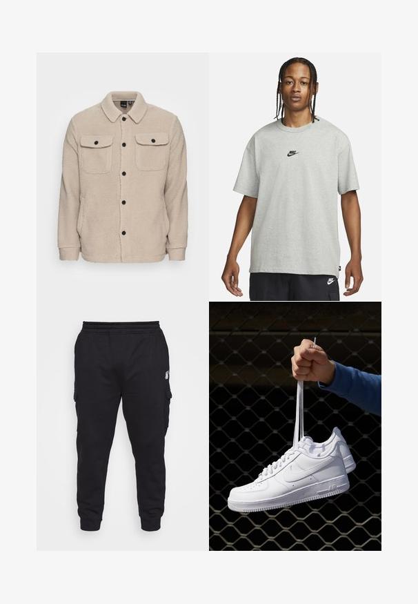 Beige fleecová bunda s límcem, zapínáním na knoflíky, dvěma náprsními kapsami s klopami a texturovanou tkaninou. Černé knoflíky zdobí design.; Mladý člověk s pletenými vlasy, oblečený v světle šedém tričku Nike a černých šortkách Nike, na čistém bílém pozadí.; SIKSILK EXTENDED - Kapsáče - black; Bílé kožené tenisky s perforacemi, kulatou špičkou, plochou podrážkou a silnými tkaničkami, které mají viditelné logo swoosh a nápis "AIR" na patě.