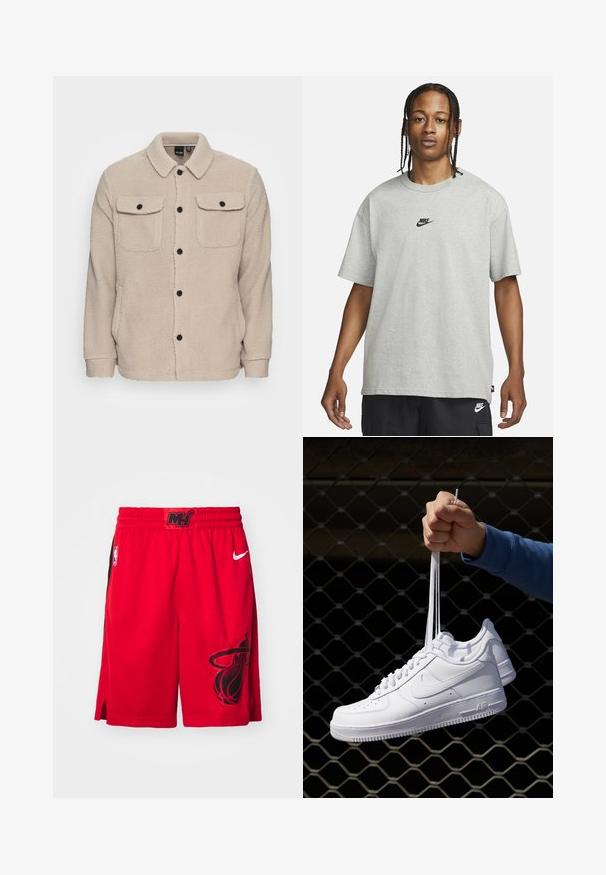 Beige fleecejacka med krage, knäppning, två bröstfickor med klaffar och texturerat tyg. Svarta knappar pryder designen.; Ung person med flätat hår iklädd en ljusgrå Nike T-shirt och svarta Nike-shorts framför en enkel vit bakgrund.; Nike Performance NBA MIAMI HEAT SHORTS - Klubbkläder - university red/white; Vita lädersneakers med perforeringar, rund tå, platt sula och tjocka snörning, med en synlig swoosh-logga och "AIR" på hälen.