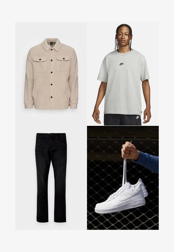 Giacca in pile beige con colletto, chiusura a bottoni, due tasche sul petto con pattina e tessuto testurizzato. Bottoni neri accentuano il design.; Giovane con capelli intrecciati che indossa una maglietta Nike grigia chiara e pantaloni Nike neri su uno sfondo bianco semplice.; Jeans in denim nero con taglio dritto, caratterizzati da un classico design a cinque tasche e una leggera texture lavata.; Sneakers in pelle bianca con perforazioni, punta rotonda, suola piatta e lacci spessi, con logo swoosh visibile e "AIR" sul tallone.